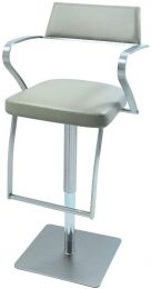 Zuri Barstool Taupe adjustable height with armrests and square stainless steel base.