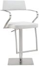 Zuri Barstool White adjustable height with armrests and square stainless steel base.
