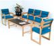 Valley Collection Four Seat Chair, Center Arms, Sled Base, Leaf Blue, Mahogany