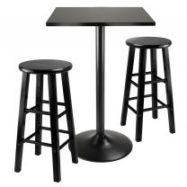 3pc Counter Height Dining Set, Black Square Table Top and Black Metal Legs with 2 Wood Stools